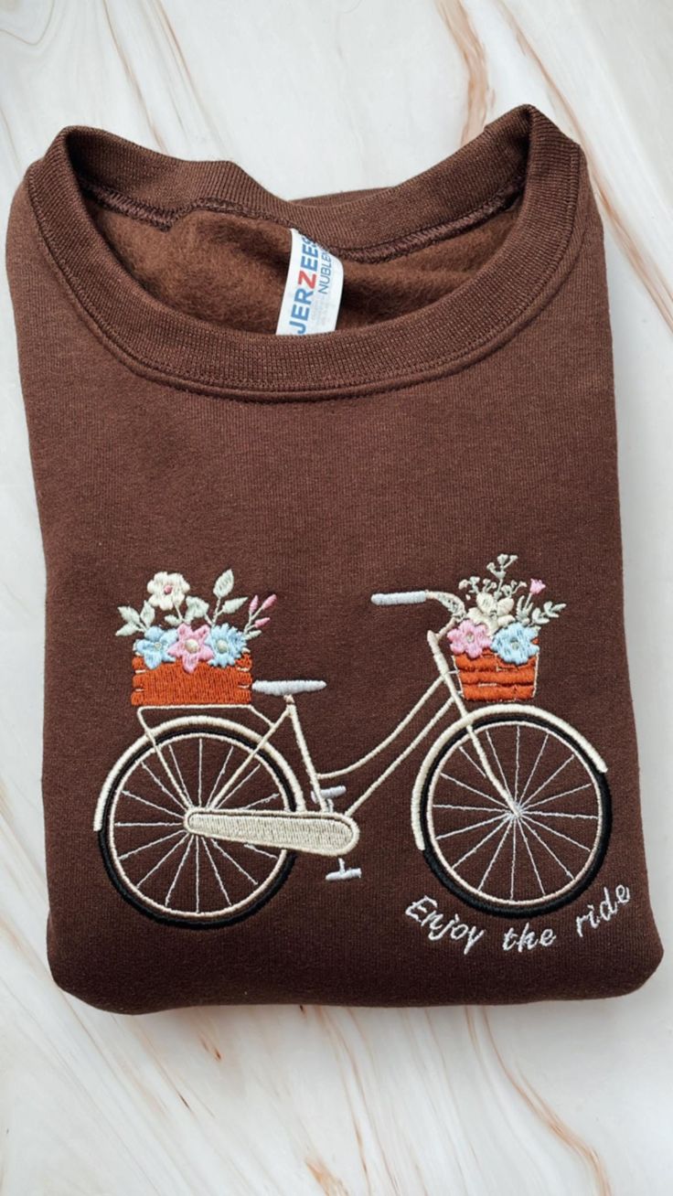 Enjoy the Ride Embroidered Bicycle Crewneck, T-Shirt or Hoodie - Cozy Floral Details