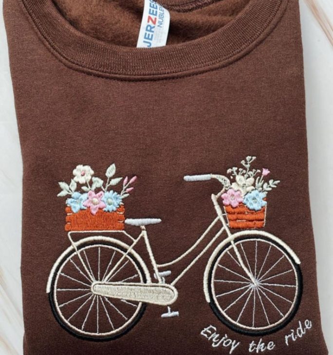 Enjoy the Ride Embroidered Bicycle Crewneck, T-Shirt or Hoodie - Cozy Floral Details